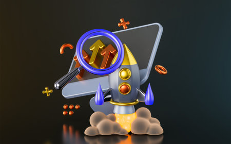 computer monitor with rocket magnify glass up arrow sign on dark background 3d render concept