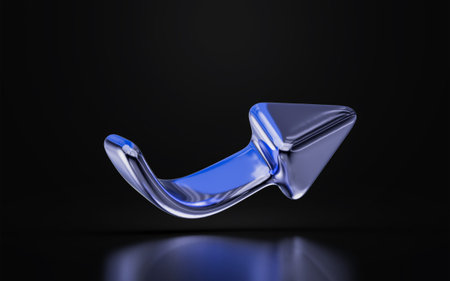 right curve arrow sign silver metal on dark background 3d render concept for direction signalの写真素材