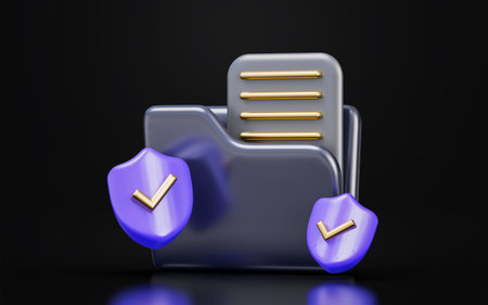 document folder with security shield check mark sign on dark background 3d render concept for safeの写真素材