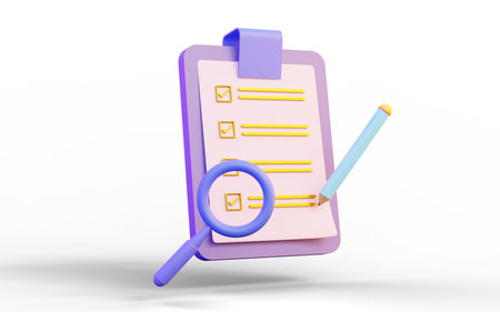 document clipboard with megnifyglass and pencil sign on white background 3d render conceptの写真素材