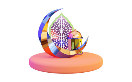 ramadan moon with lantern and door icon on white background 3d render concept for ramadan kareemの写真素材