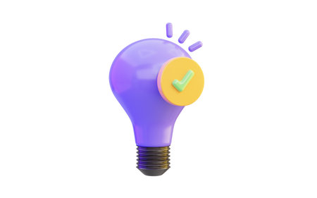 lightbulb icon with check mark on white background 3d render concept for successful inventionの写真素材