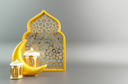 islamic door with ramadan moon and golden lantern 3d render concept for ramadan kareem fastivalの写真素材