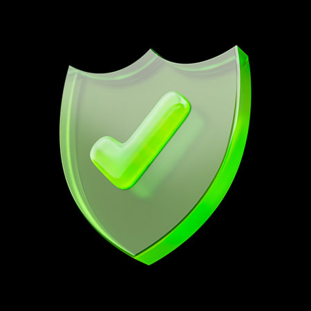 security shield check mark green glass effect on dark background 3d render concept for protectionの写真素材