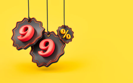 mega sale offer 99 percent discount on shopping yellow background 3d render concept for sale bannerの写真素材