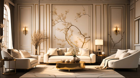 Neutral toned space punctuated by a gold-leafed feature wallの素材