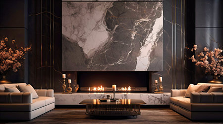 Sleek fireplace centered between marble wallsの素材