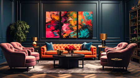 Black statement wall adorned with modern art pieces,の素材