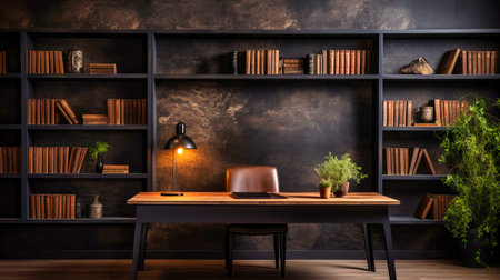 Black textured wallpaper adding depth to a studyの素材