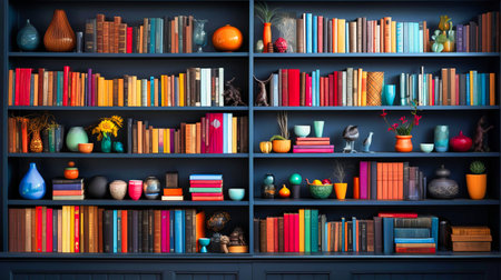 Black built-in bookshelves showcasing a collection of colorful spinesの素材