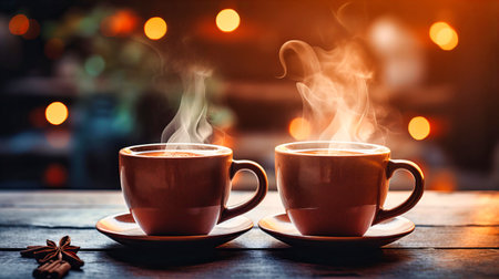 Macro shot of steaming mugs on a wooden coffee tableの素材