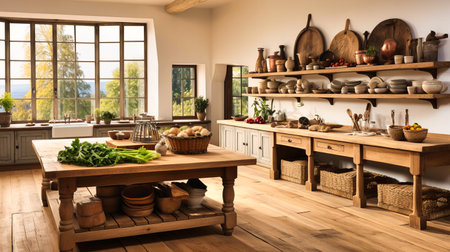 Farmhouse kitchens with wooden island centers and ceramic dish displays,の素材