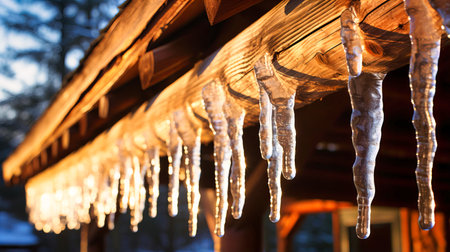 Icicles hanging from a rustic cabin roof,の素材