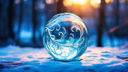 Frost patterns spiraling on a clear glass orbの素材