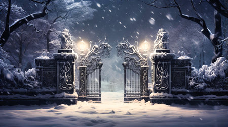 Snow quietly cloaking the wrought-iron details of a gate,の素材