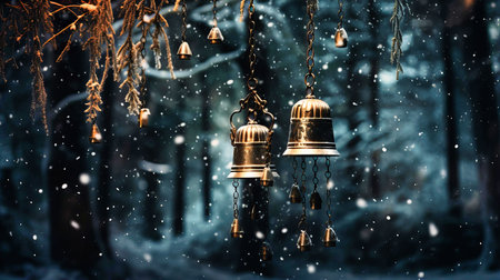 Snow muffling the melodic notes of a garden wind chime,の素材