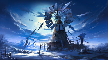 Icicles hanging from the blades of an old windmill,の素材