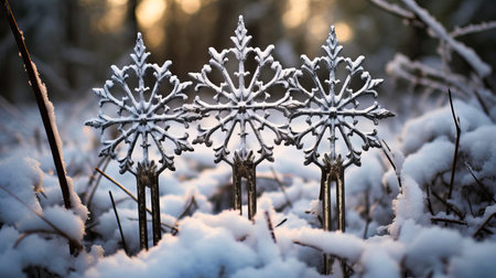 Snowflakes creating designs on the sharp prongs of a garden fork,の素材