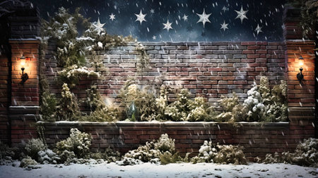 Snow softening the rigid lines of a garden's brick wallの素材