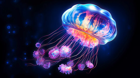 Illuminated Jellyfish Floating in Abyss,の素材