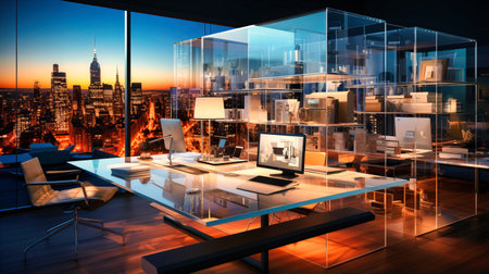 Ultra-modern Workspace Design with Glass Walls and Minimalist Desk Setup.の素材