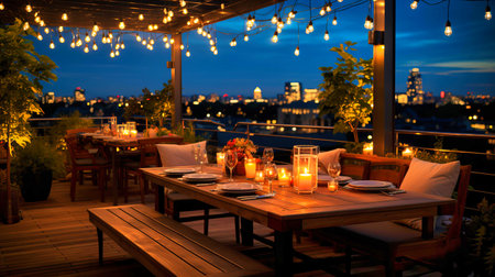 Romantic Rooftop Dining Area Lit by Twinkling String Lights.の素材