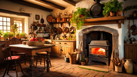 English Cottage Kitchen with Aga Stove and Quaint Decor.の素材