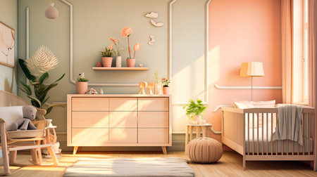 Nursery room in pastel colors with a crib and changing table.の素材