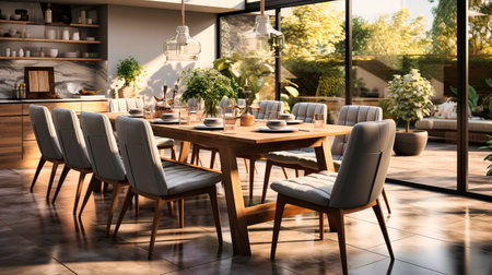 Dining room with a glass-top table and upholstered chairsの素材
