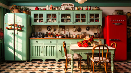 Vintage kitchen with a retro refrigerator and checkerboard floor.の素材