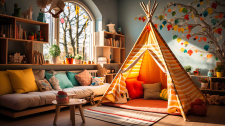 Kids' room with playful wallpapers and a tent canopy.の素材