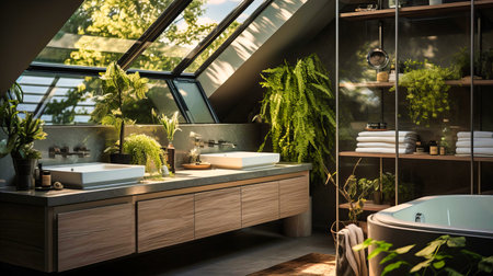 Bathroom with a skylight and green plants.の素材