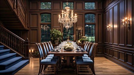 Traditional dining room with wainscoting and a crystal chandelierの素材
