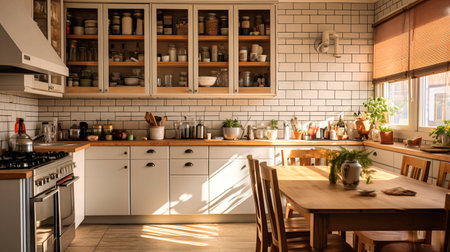 Kitchen with a corner pantry and mosaic tile backsplashの素材