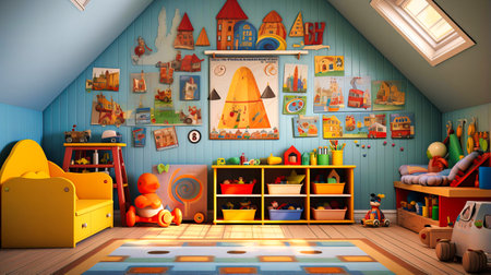Vibrant children's playroom with educational toys and wall art.の素材