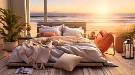 Beach-themed bedroom with sandy hues and seashell decor.の素材