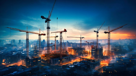 Large cranes constructing skyscrapersの素材