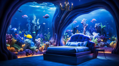 Underwater-themed children's room with fish decals and blue lightingの素材