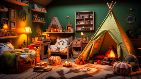 Outdoor camping-themed children's room with a tent and campfire setupの素材