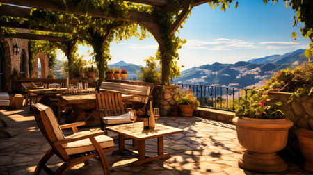 Mediterranean vineyard-inspired terrace with grape vines and wine barrels.の素材