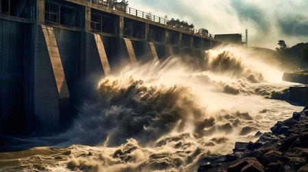 Powerful hydraulics in action at a dam's spillway during monsoon,の素材