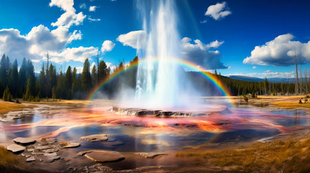 Spellbinding geysers under a rainbow arcの素材