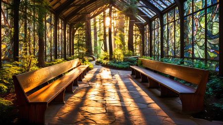 Secluded forest chapel, Stained glass with wooden pews,の素材