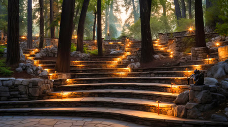 Hillside amphitheater, Stone steps with torchlit pathways,の素材