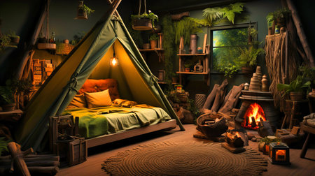 Rustic camping-themed kid's room, Tent bed with forest mural, Gentle cricket sounds with distant campfire stories,の素材