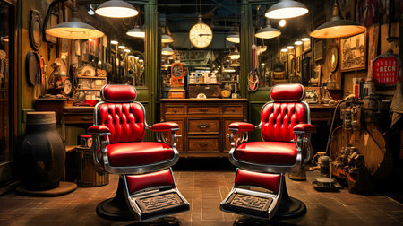 Vintage barber shop, Leather chairs with striped poles, Soft scissor snips with distant old radio broadcasts,の素材