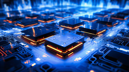 Futuristic circuit board design, Tech innovations, Electric blue pathways with neon glowの素材