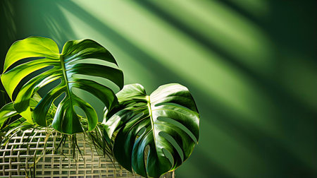 Monstera leaf silhouette, Botanical minimalism, Lush green with dramatic shadows,の素材