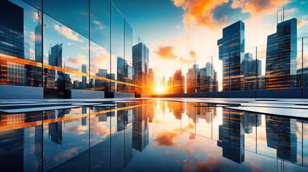 Modern skyscrapers, Urban development, Reflective glass facades with dynamic anglesの素材