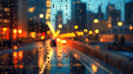 Raindrops on a windowpane with a blurred city skyline at duskの素材